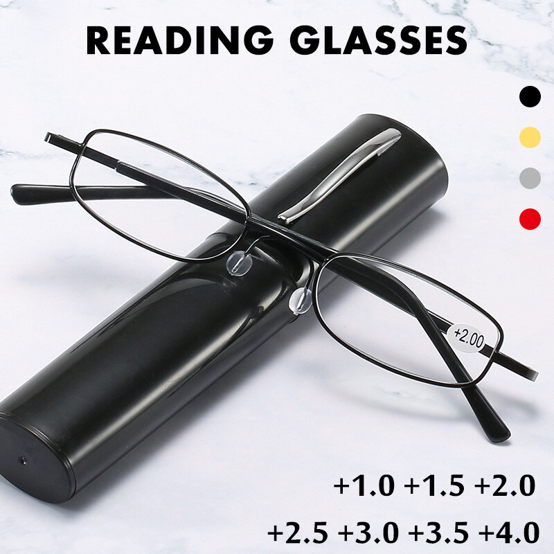 + 1.5 2.0 2.5ป้องกันรังสีแว่นอ่านหนังสือสตรีแบบพกพาแว่นตา Presbyopia พร้อม Diopters Hyperopia แว่นตาปากกาโลหะกรอบ
