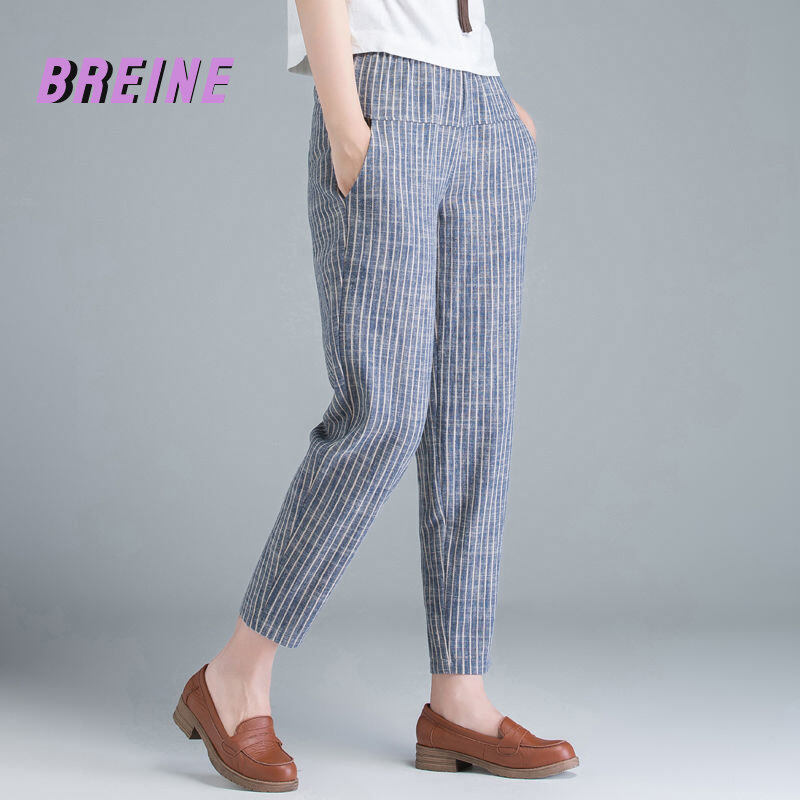 BREINE Striped cotton linen pants women's loose radish pants summer ninth harem pants women 503P055