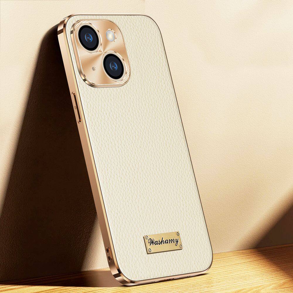 Genuine Leather Case for iPhone 13 14 Pro Max 13Pro 14Pro Max Gold Bumper Back Cover Shockproof Metal Lens Protected Phone Case