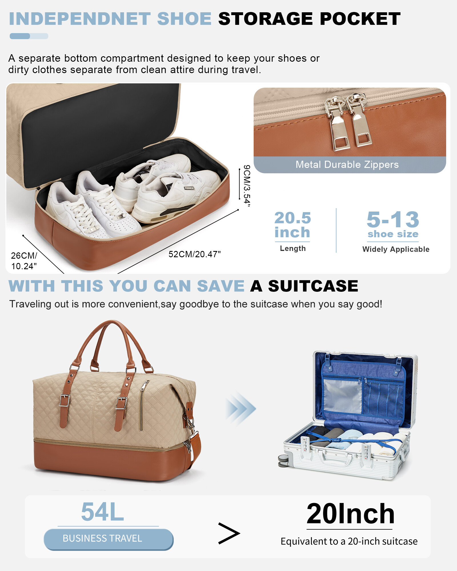 This weekender bag has compartments for your shoes, laptop and
