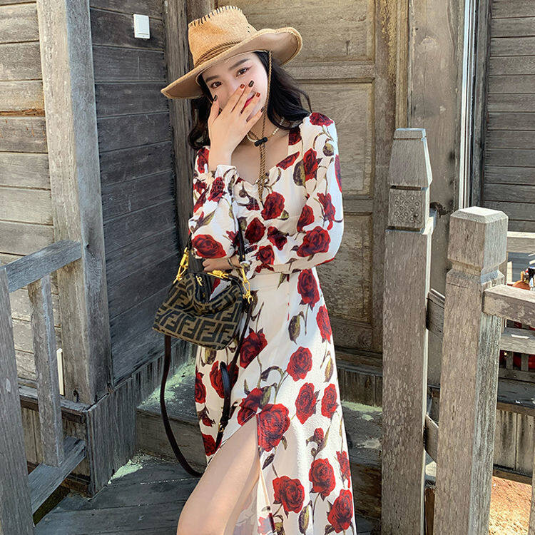 French Floral Dress Feminine Slim Fit Slim Slit Long Dress Casual Loose Women Flower Print Dress