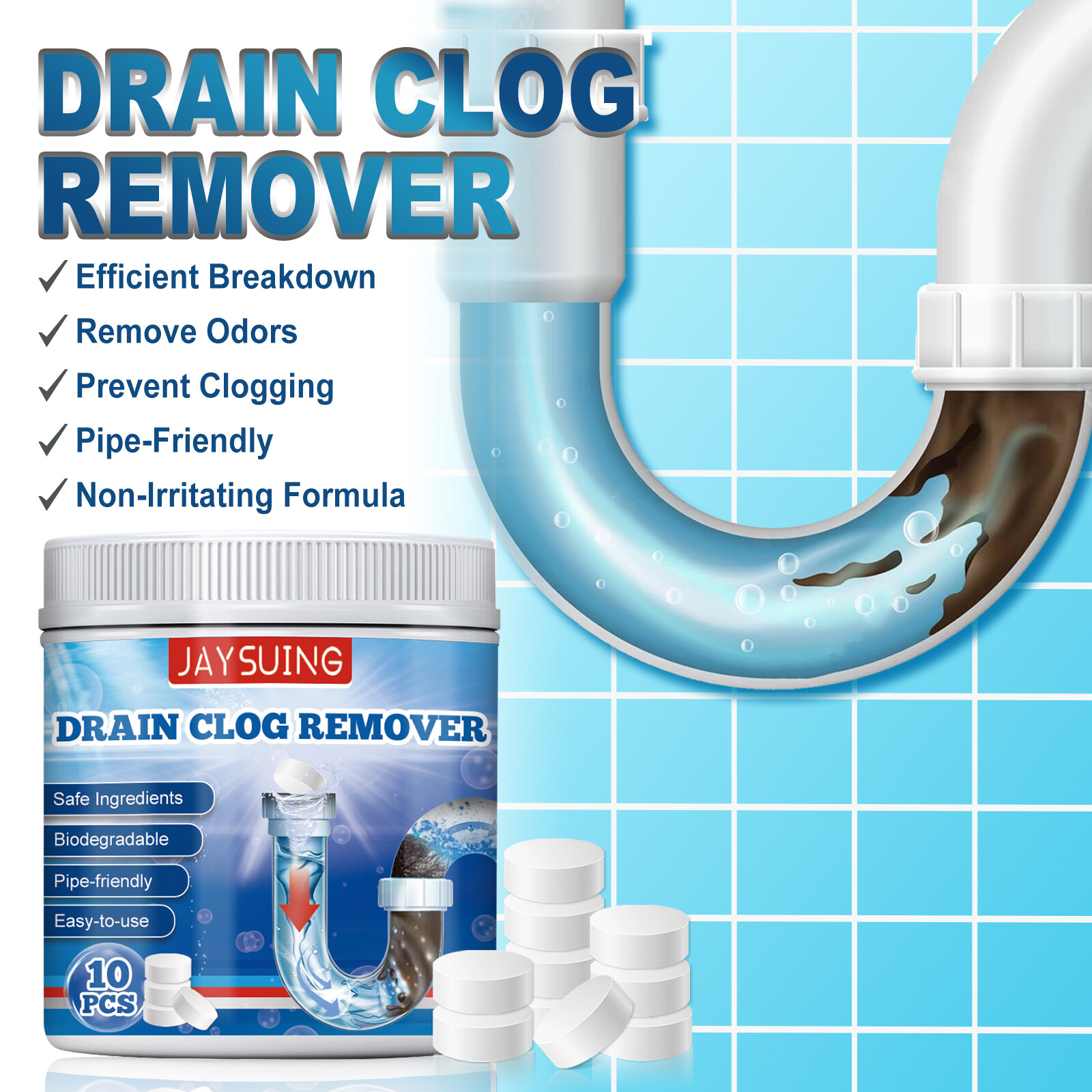 Jaysuing Household Draininpipe Cleaning Effervescent Tablets Deodorant Pipe Dredging Agent Kitchen Water Pipe Sewer Toilet Cleaning Deodorant  Kitchen Toilet Bathtub Sewer Pipe Dredging tool Prevent Blockage Toilet Deodorant (10Pcs)
