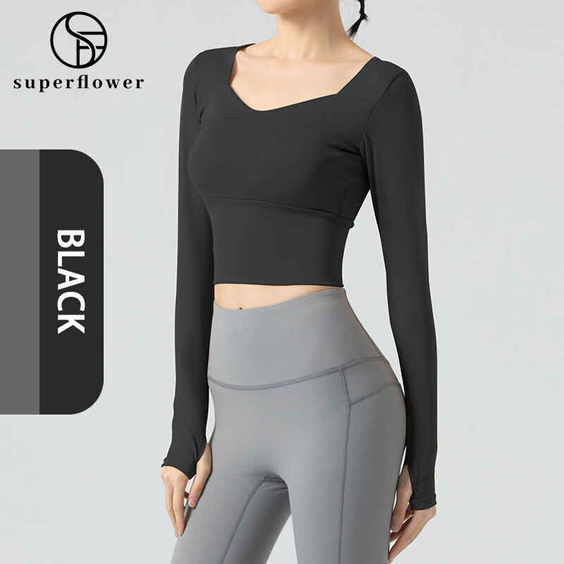 SUPERFLOWER Yoga Shirts with Bra Pads Sports Gym Fitness Long-sleeved T-Shirts Jogging Tops