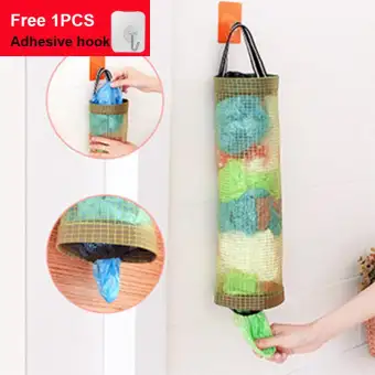 1pcs Hanging Mesh Garbage Bag Organizer Dispenser Kitchen Wall Mount Reusable Grocery Bags Holder Net Trash Storage Free Adhesive Hook