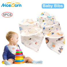 Bộ 5 cái yếm NiceBorn chất liệu cotton 100% 6 lớp mềm mại thoáng khí họa tiết hoạt hình dùng thấm nước dãi cho bé trai/bé gái – INTL