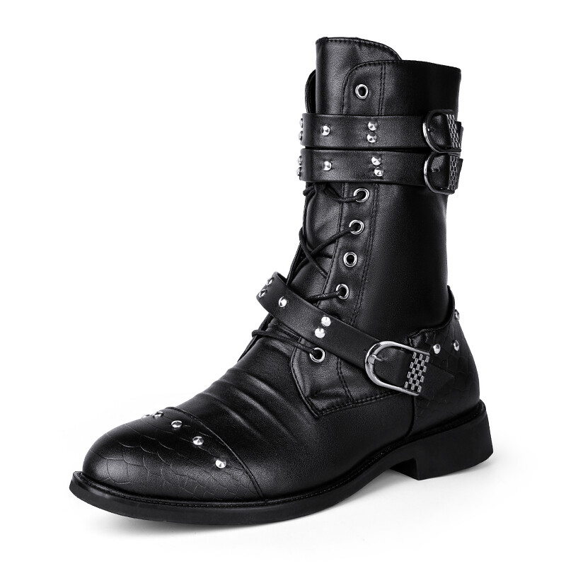 FECHENG Spring Winter Vintage Boots High Top Buckle Punk Shoes Men Women Fashion Leather Black Motorcycle Boots