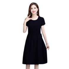 Đầm nữ dáng chữ A tay ngắn cổ tròn chiết eo chất liệu vải polyester mềm mại co giãn thoáng khí thích hợp mặc hàng ngày – INTL