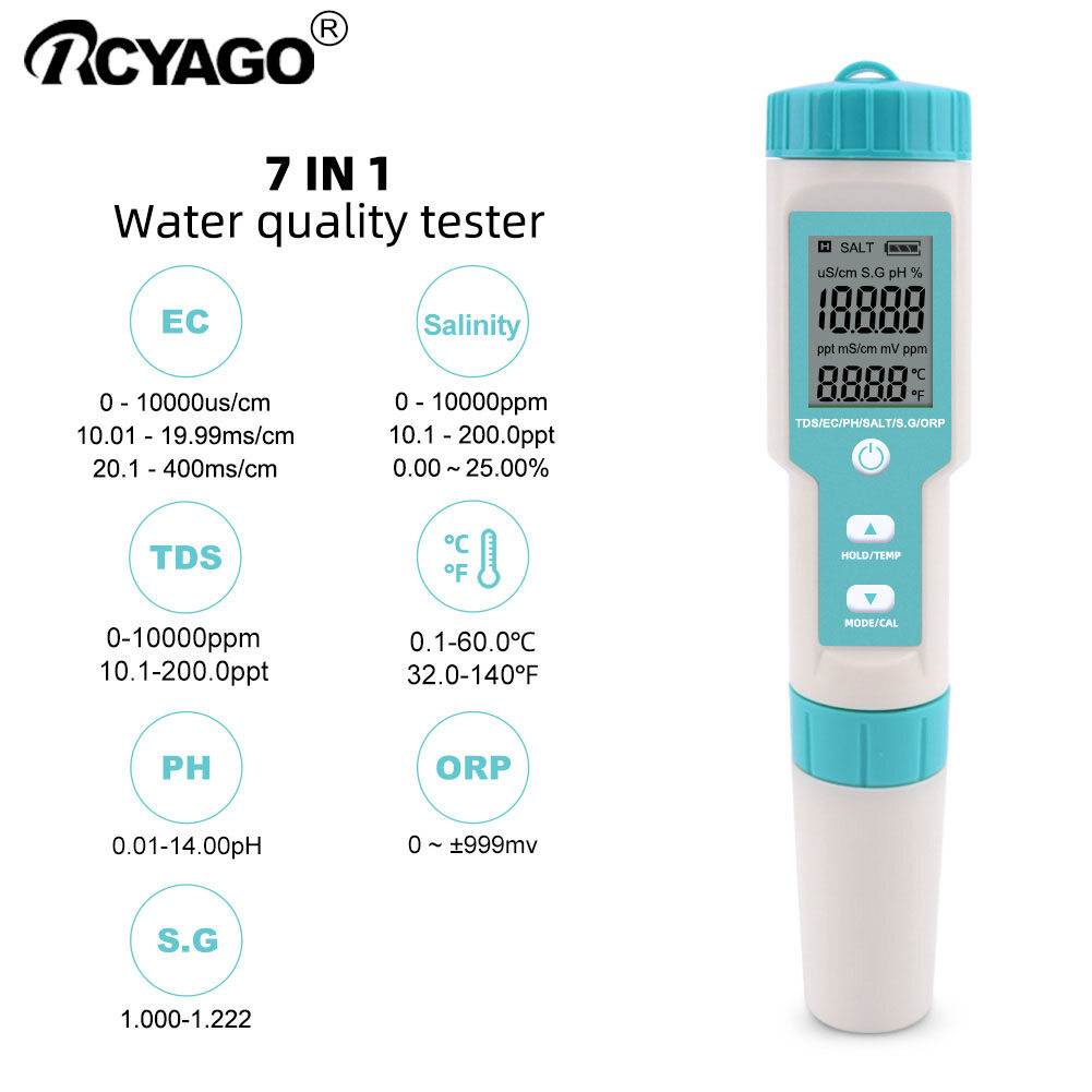 RCYAGO C-600 7 in 1 Water Quality Tester Salinity / PH / TDS / EC / ORP / Specific Gravity of Seawater / Temperature with/ without Backlight