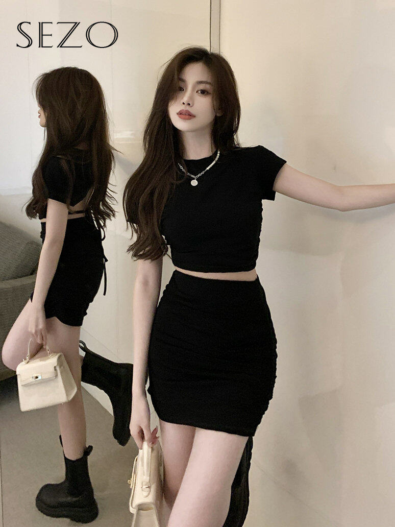 SEZO Korean Open Back Short T-shirt+high Waist and Buttock Skirt Set ...