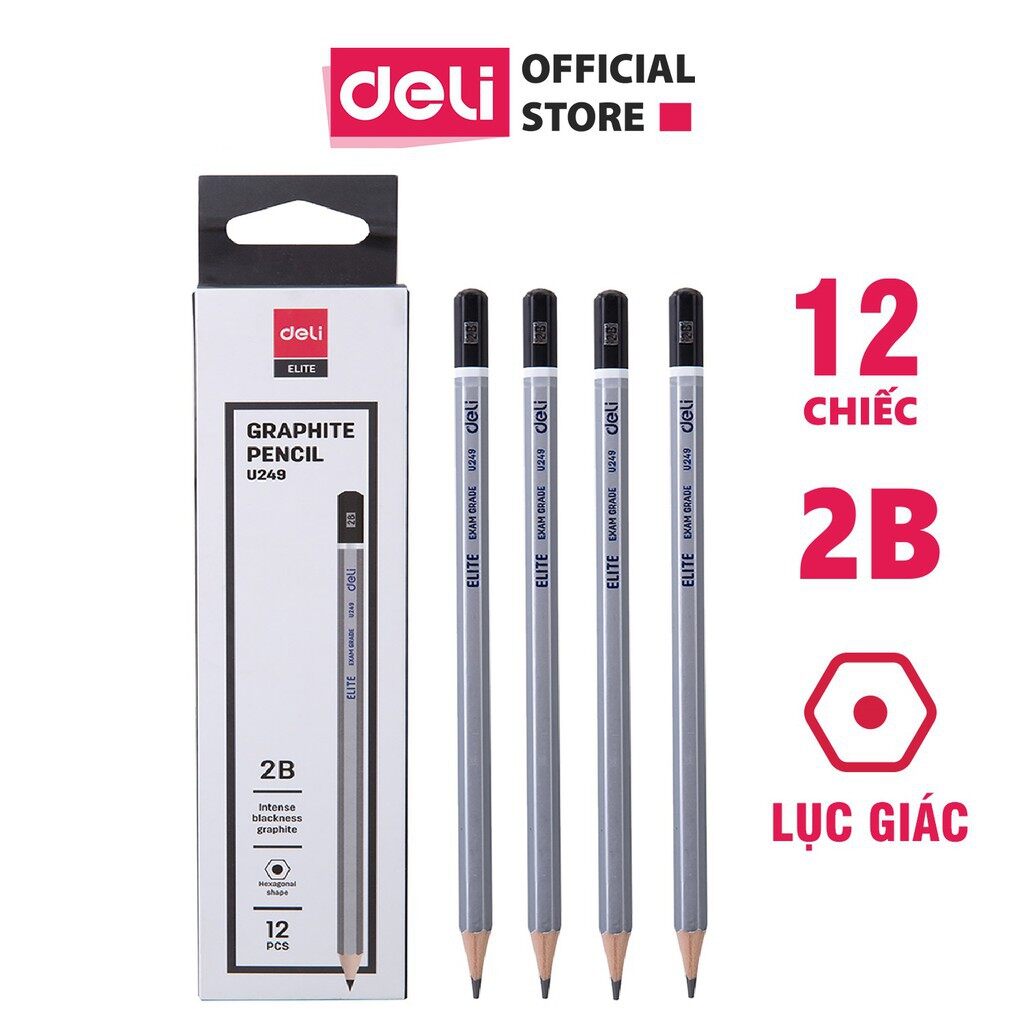 Bút chì 2b cao cấp deli, màu bạc 12 cây/hộp cu24910