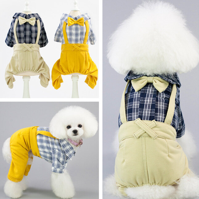 DY Loving 2 Colors Gentleman Dog Coat Dog Clothes Grid Bowtie Overall Dog Formal Dress