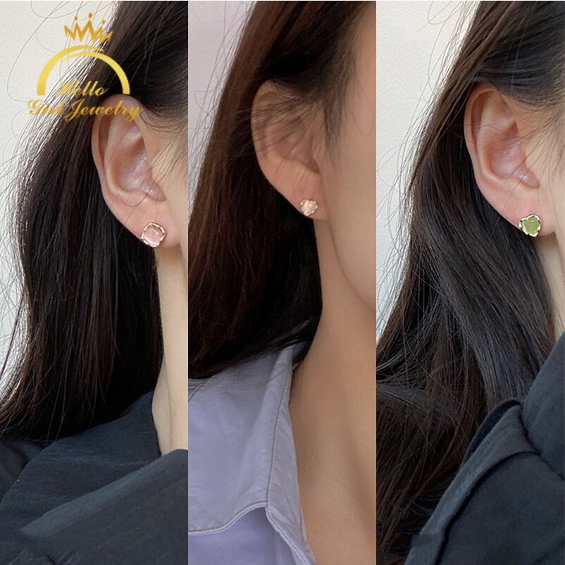 Hello Girl Jewelry Nhật Bản và Hàn Quốc mới S925 Sterling Silver Needle Dangler Bông tai mắt mèo hình trái tim Bộ INS Fashion Đơn giản và nhỏ gọn Phụ kiện hoa tai hình học Quà tặng trang sức