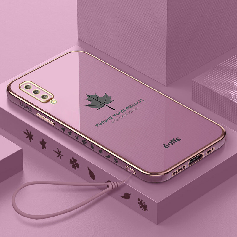 YBD Straight Edge Plating Phone case For Samsung Galaxy A7 2018 A750 Plus casing, Precise Camera Protection case a7 2018 Maple leaf pattern cover with Free lanyard