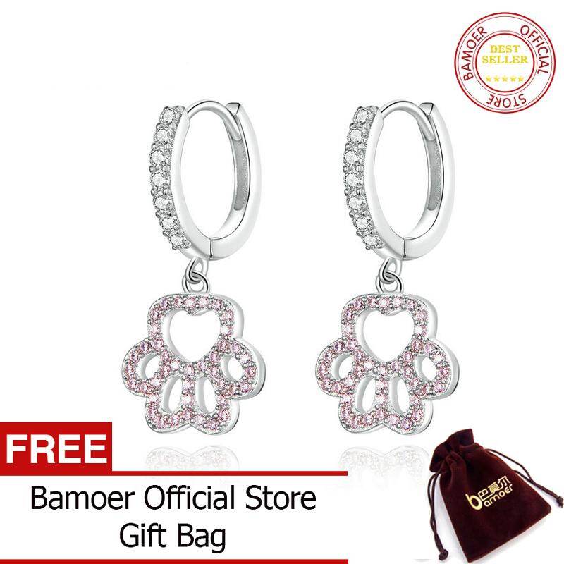 BAMOER Cute Pink Pets' Footprint Stud Earrings With AAA Zircon For Women Fashion Jewelry SCE771