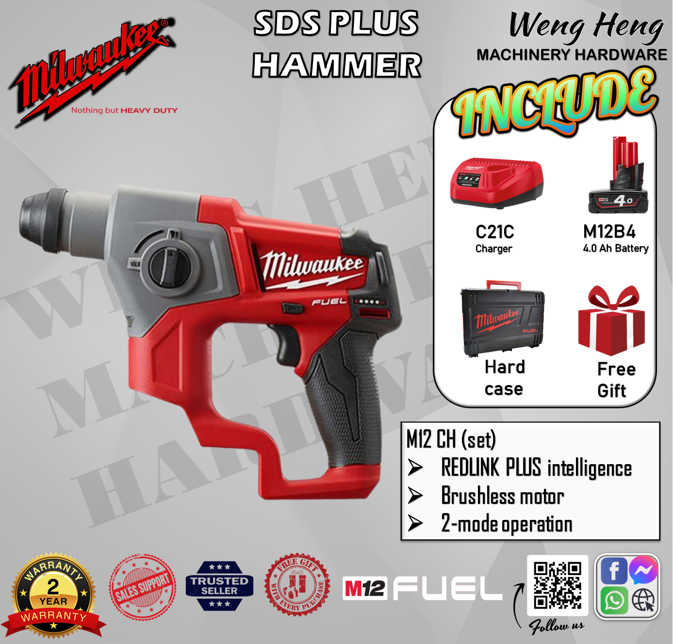 100 Genuine Milwaukee M12 FUEL 13 mm SDS Plus Hammer 2 Mode