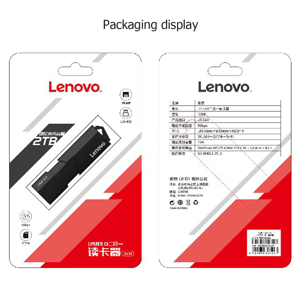 Lenovo D204 Portable 5Gbps USB 3.0 Card Reader 2 in 1 SD TF Memory Cards Adapter for Computer PC