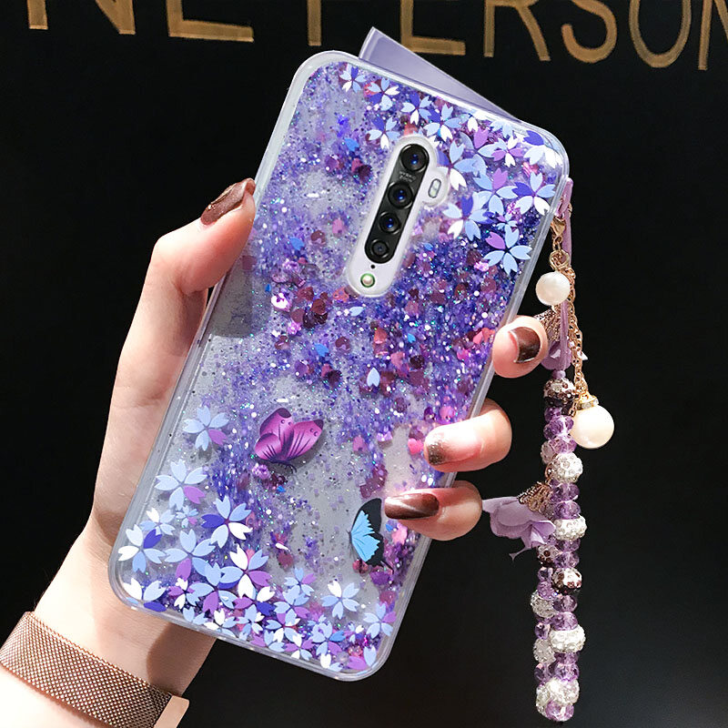 For OPPO Reno Reno 10x zoom Reno 2 Reno 2F Reno 3 Reno 3 Pro Reno 4  Reno 4 Pro Cherry Flower Liquid Case Quicksand Sparkling Silicone Protective Women's Casing + Lanyard
