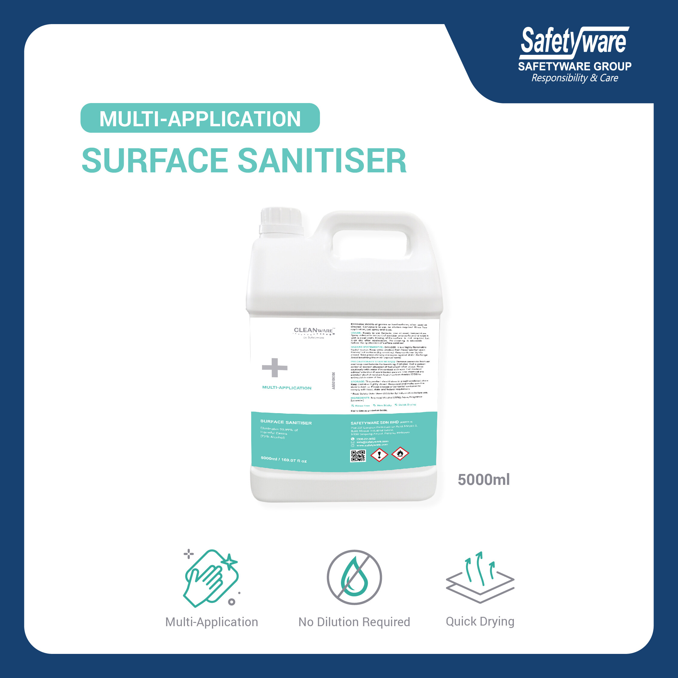 Safetyware Multi Surface Sanitizer 5 Liter Fast Kill 99.9 Germs I