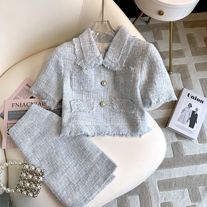 Small Sweet Wind Skirt Suits Summer Female Light Blue Short Sleeve French Coat Pure To Wind The Design Feeling Small Two-Piece Outfit