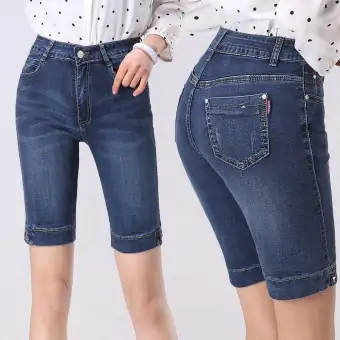 high waisted knee length denim shorts