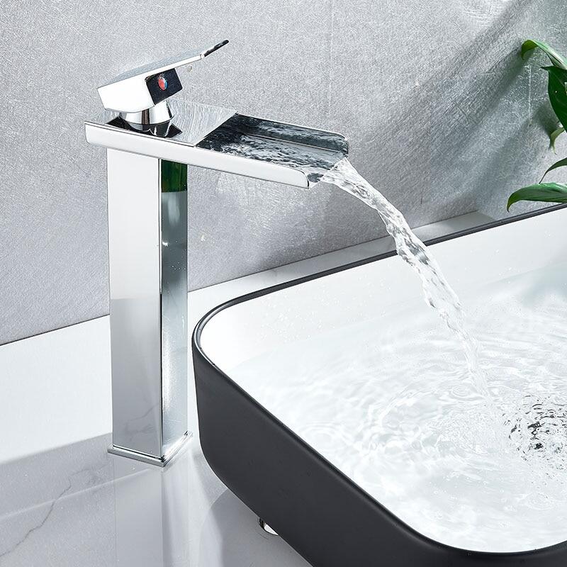 Waterfall Bathroom Basin Faucet Bathroom Cabinet High Faucet Black Color Single Hole Bathroom Nordic Water Tapsf Hot and Color Water