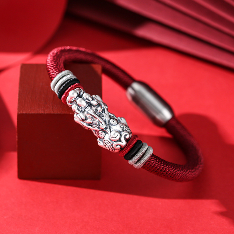 Liliyawind S925 Silver Pixiu Lucky Retro Black Rope Men Bracelet