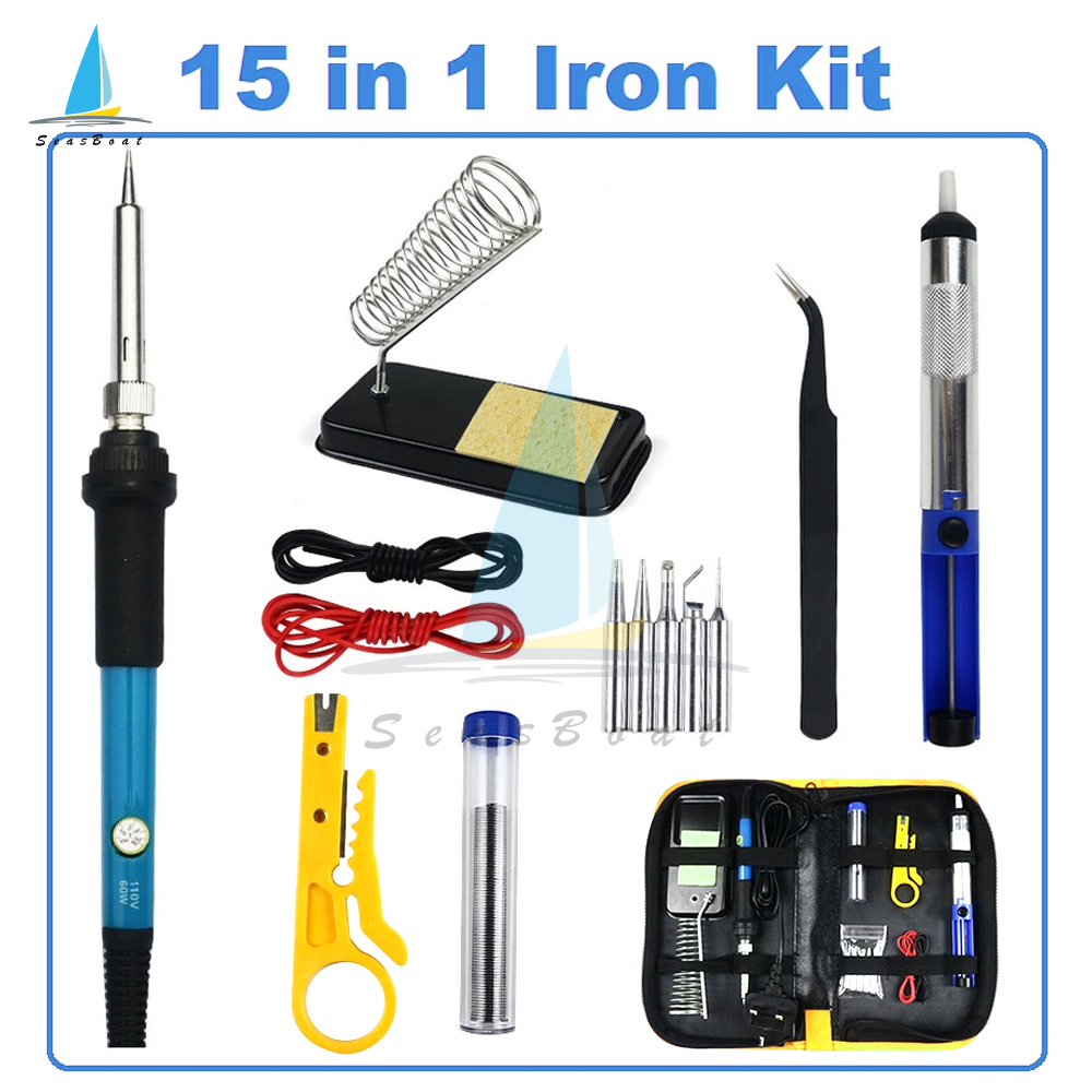 【Seasboat】Soldering Iron Soldering Iron Kit Electronics 60W Adjustable Temperature Welding Tool 5pcs Soldering Iron Tip /Soldering Iron Stand /Desoldering Pump /Tweezers /Solder Wire /Carry Bag