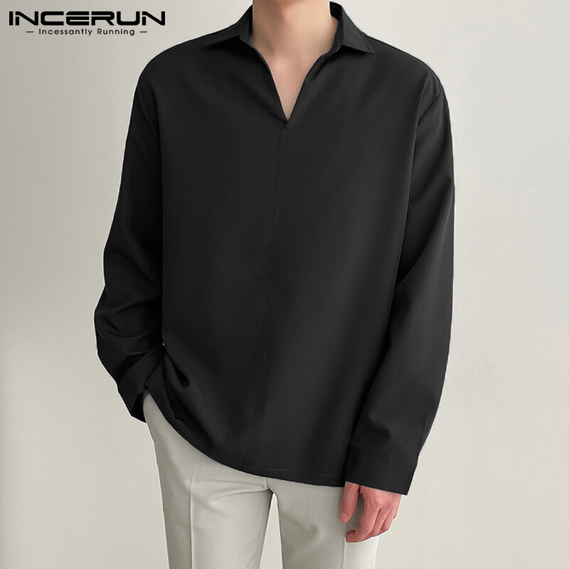 (Korean Style) INCERUN Mens Formal Henley Shirt Long sleeve V-Neck Loose Fit Blouse Smart Tee Top Shirt