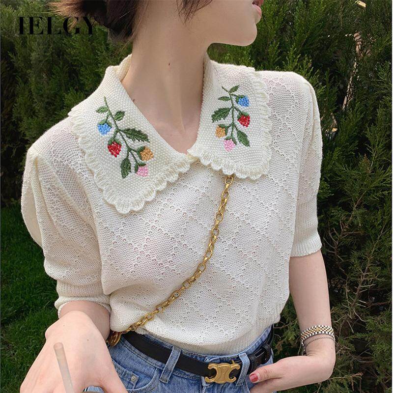 IELGY Embroidered Knit Women's Thin Summer New Style French Retro Inner Doll Collar Pullover Top for women