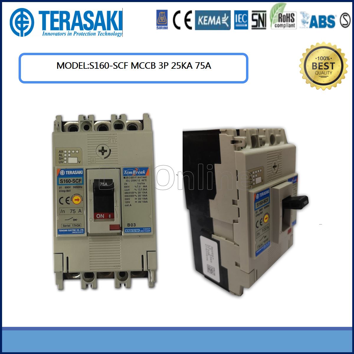 TERASAKI MOULDED CASE CIRCUIT BREAKER ( MCCB )3P 25KA 75A，（S160SCF） Lazada