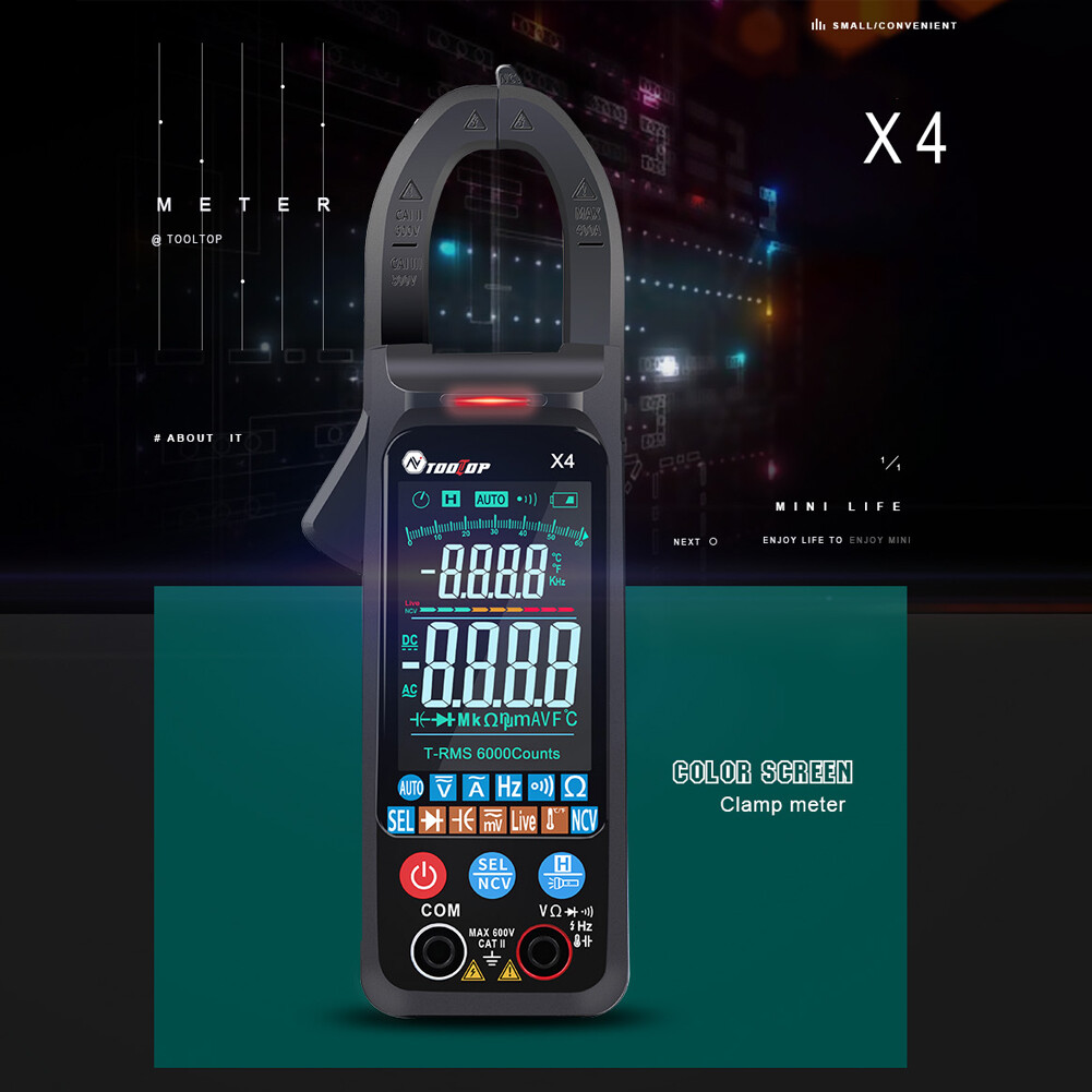 Smart Sensor Handheld Portable Clamp Meter Color LCD Large Screen Clamp Meter 6000 Counts NCV AC Voltage Current Continuity Resistance Diode Frequency Capacitance Temperature Live Detection Multi-function Clamp Meter with Flashlight