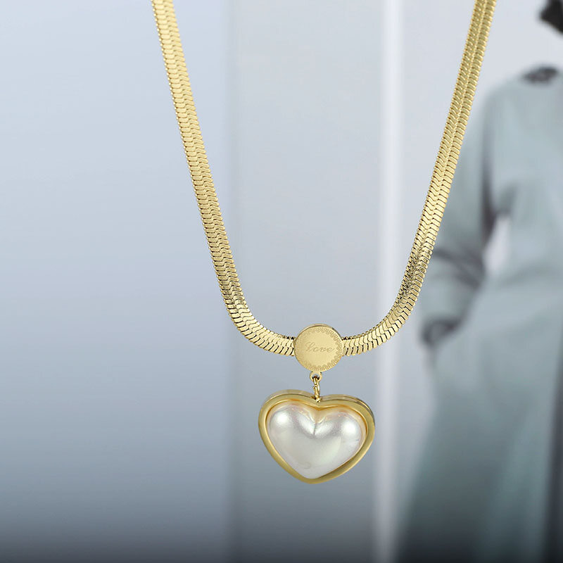 Yuki's  2021 New Fashion Kpop Pearl Choker Love Heart Necklace Cute Chain Titanium steel Chain Pendant Necklace for Women Girls Jewelry Gift
