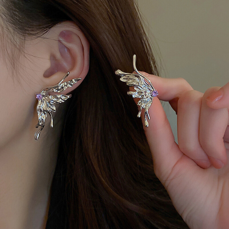 Korean Fashion Ladies Rhinestone Folding Butterfly Earrings Metal Purple Zircon Butterfly Stud Earrings