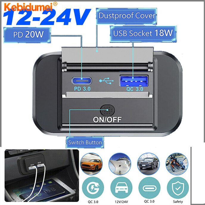 Kebidumei dual usb pd 3.0 car charger 12v/24v 2.1a charging outlet adapter for motorcycle camper truck boat car
