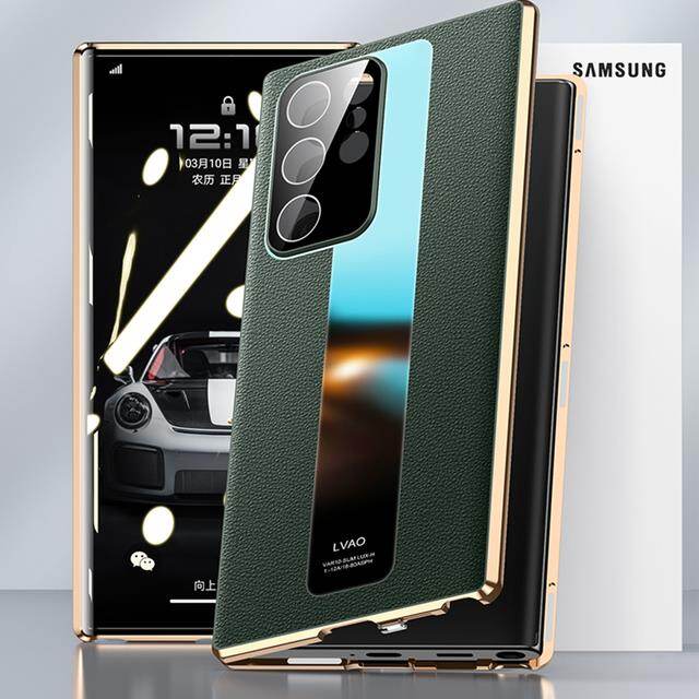 Magnetic Double Sided Phone Case for Samsung Galaxy S22 Ultra Plus Front Tempered Glass Back Leather with Camera Lens Protector