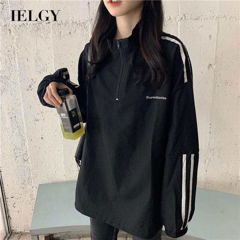 IELGY Women's clothes tops casual stripes thin Korean hoodies all-match fashion zippers