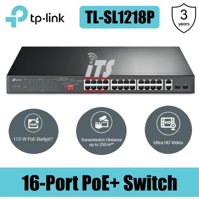 TP-Link 16-Port 10/100Mbps + 2-Port Gigabit Rackmount Switch 16-Port PoE+ (TL-SL1218P)