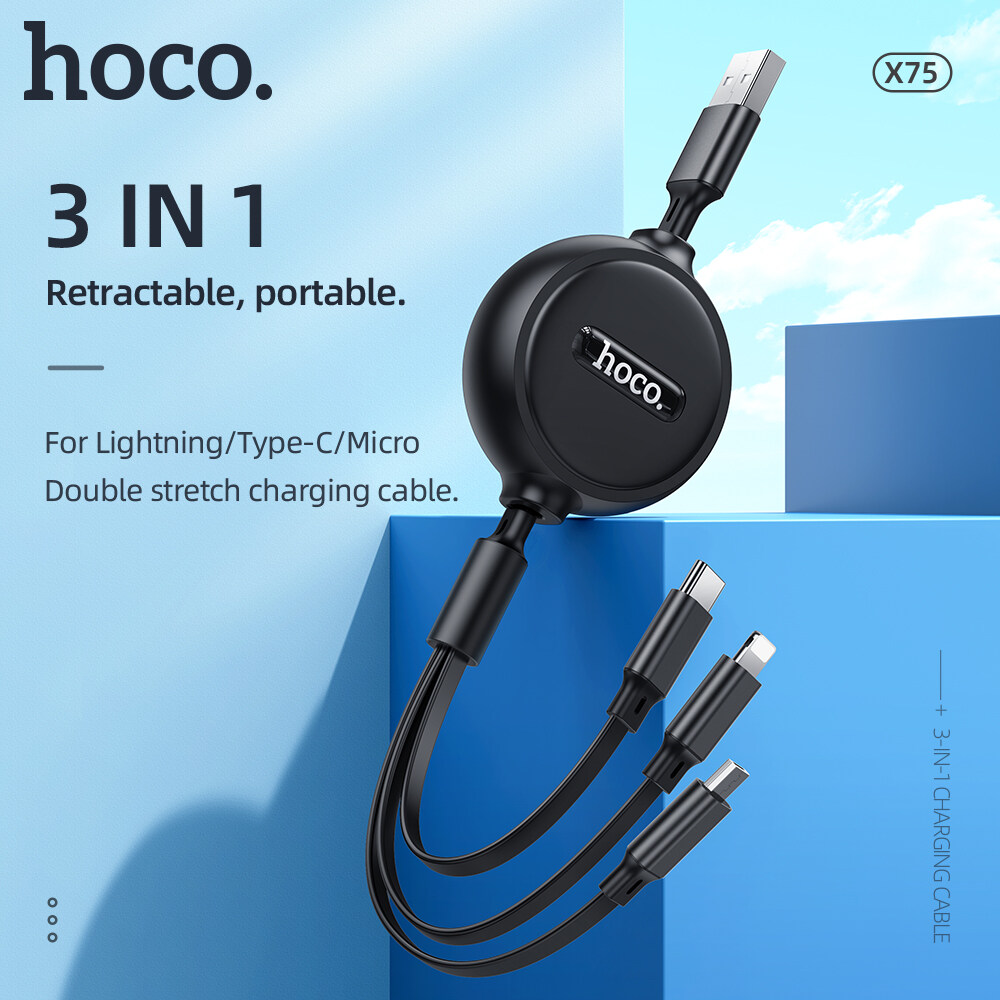 Hoco X75 100% Chính Hãng Cáp Sạc USB 3 Trong 1 Chính Hãng Có Thể Thu Vào Cho IPhone12 11 Điện Thoại Cáp Sạc USB Type C Cho Huawei Xiaomi Redmi Note Cáp Cho Realme Nhiều Dây Cáp USB Dữ Liệu