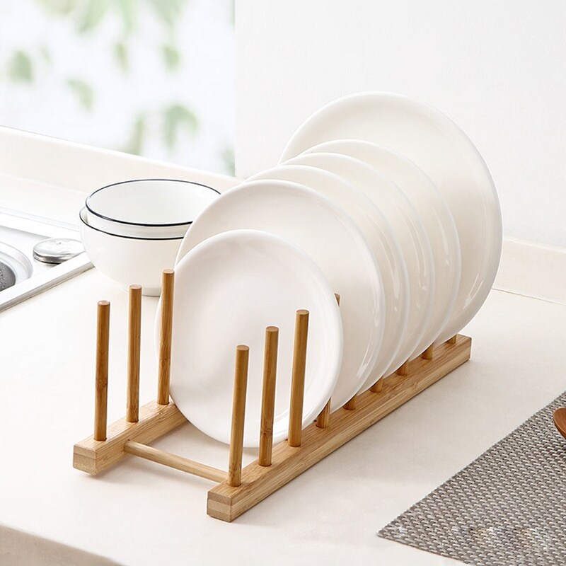 {hot} Dinnerware Plate Drying Shelf Storage Organizer Kitchen Dish Drain Rack Wooden Book Cup Display Stand 8 layers Drainer Holder G