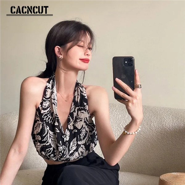 CACNCUT Floral Crop Tops for Women Korean Style Sleeveless Top Women Hot Sexy