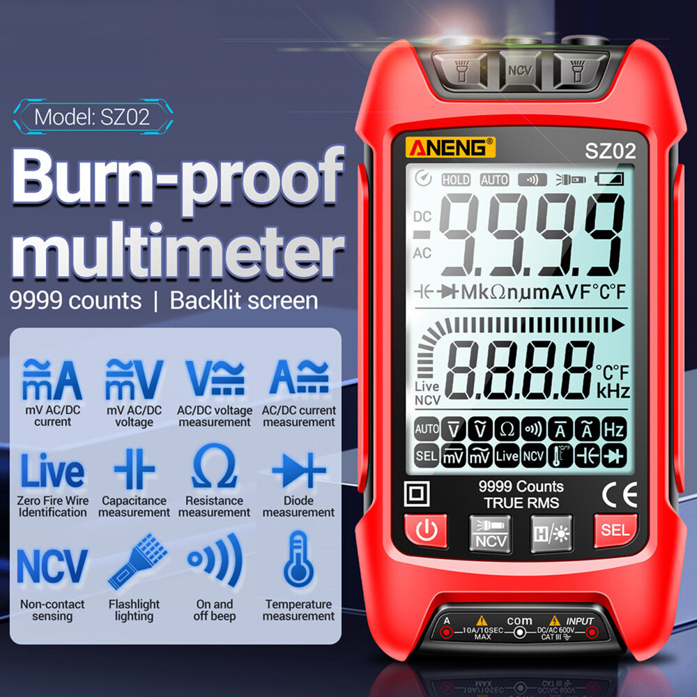 Sz01 sz02 auto range digital multimeter AC DC 9999 counts ammeter NCV resistance capacitance temperature semiconductor tester
