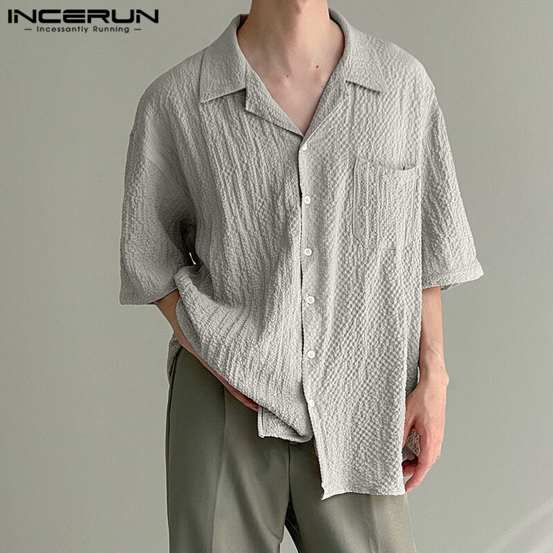 Medussa INCERUN Men's Turn-Down-Collar Solid Tops Simple Loose Button Down Shirts (Korean Style)
