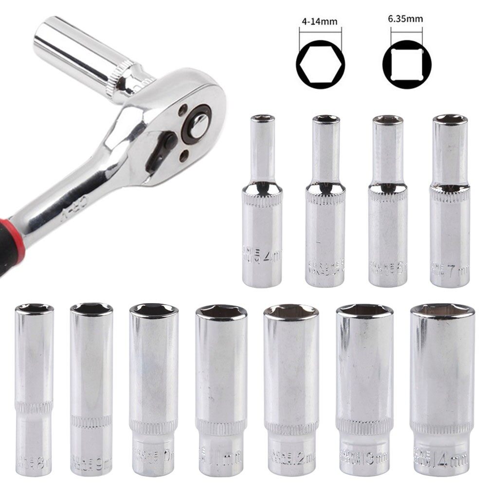 1/4 Inch 4-14Mm Cờ Lê Ổ Lục Giác Đầu Dụng Cụ Bánh Cóc Măng Sông Sâu Bộ Chuyển Đổi Ổ Cắm
