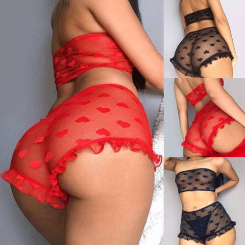 Women Sexy 2PCS Lingerie Set, Lace Heart Pattern Crop Slim See Through Mesh Top, High Waist Ruffle Short Pants Sleepwear Set
