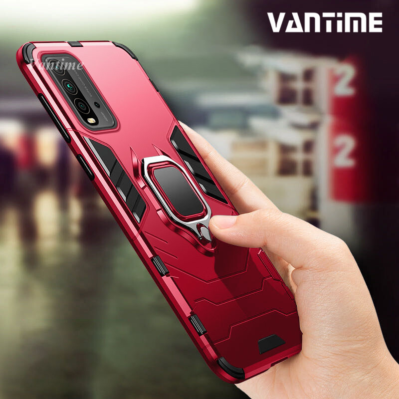 Vantime for Xiaomi Redmi 9T Case Shockproof Armor Metallic Ring Stand Holder Hard Hybrid Protective Casing