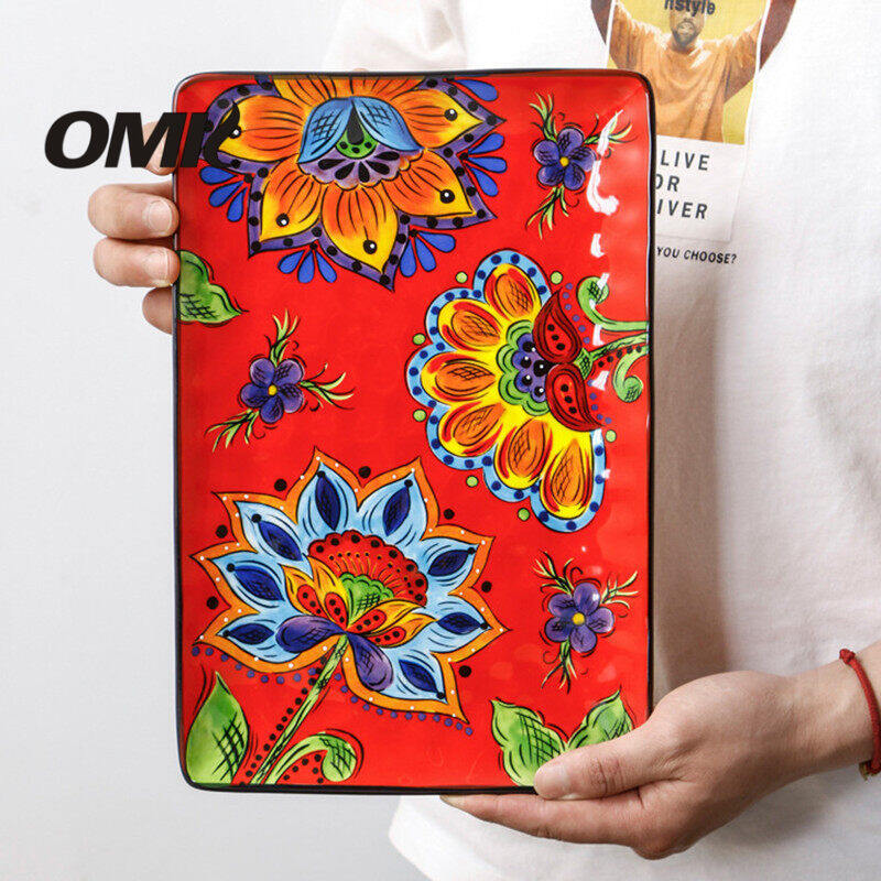 Omk phong cách Mỹ underglaze gốm bộ đồ ăn đĩa ăn tối Đĩa sâu món tráng miệng hình bầu dục khay salah bát