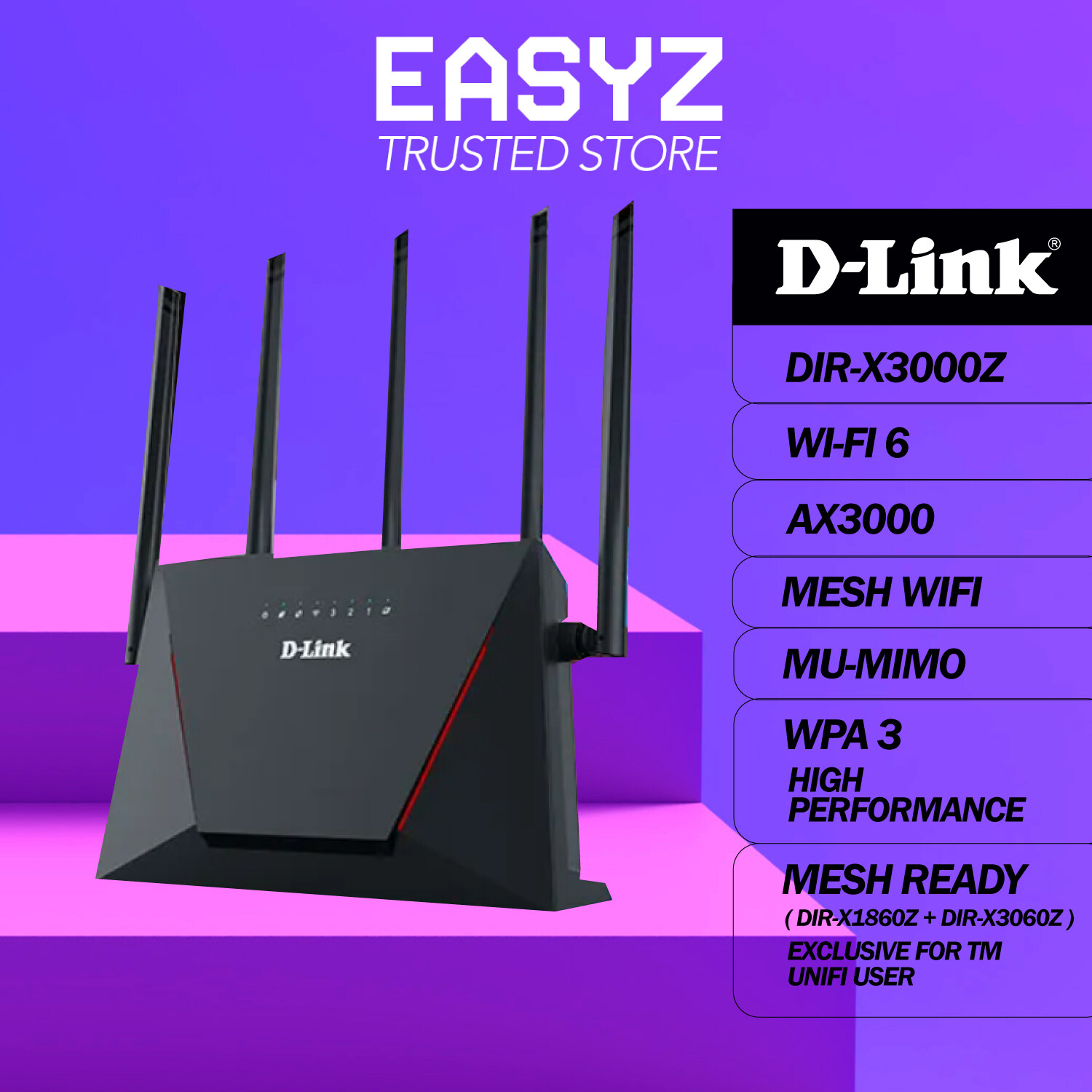 D Link DIR X3000Z AX3000 Mesh Wireless WiFi 6 Gigabit High Power Router 
