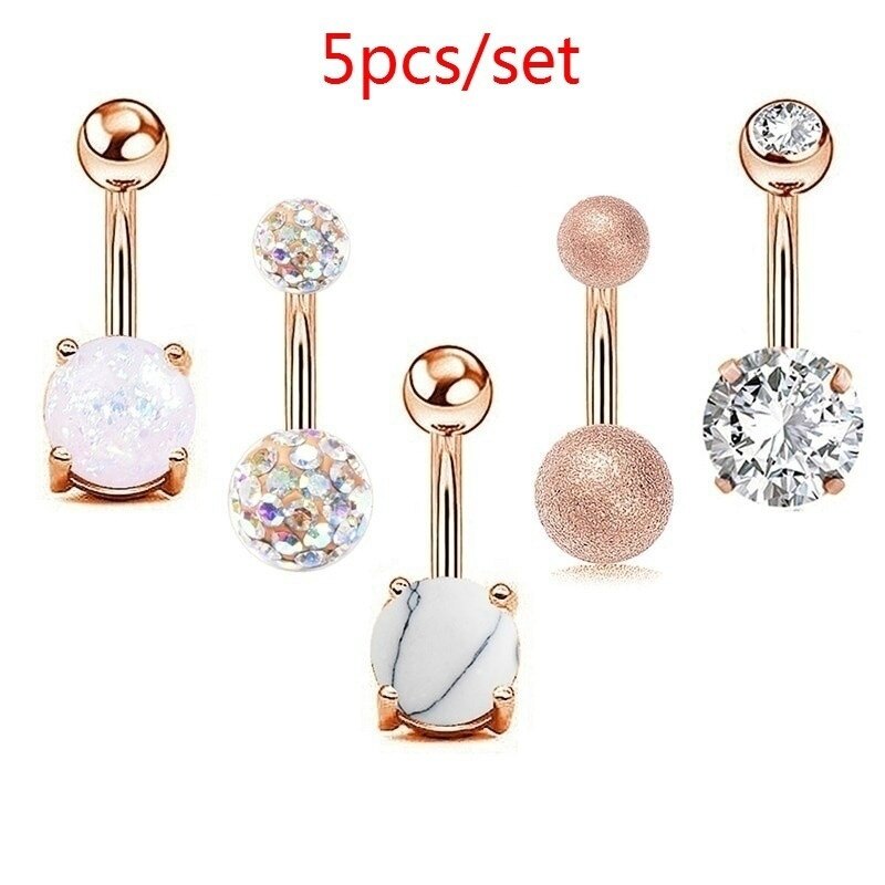 5Pcs/set Sparkling Women Navel Button Rings 925 Sterling Silver Rose Gold Diamond Sexy Belly Navel Piercing Ring Jewelry Gifts