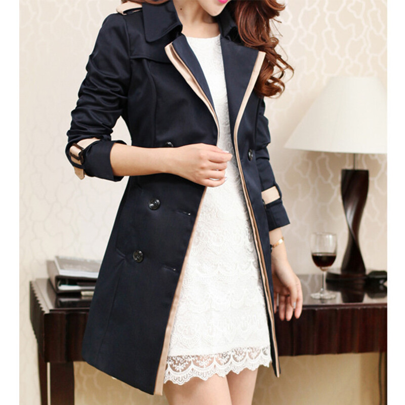 Women Thin Trench Coat Turn-down Collar Double Breasted Patchwork spell color Trench Slim Plus Size Wind coat