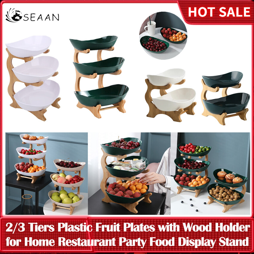 2/3 Tiers Plastic Fruit Plates With Wood Holder Oval Serving Bowls For Party Food Server Display Stand Fruit Candy Shelves